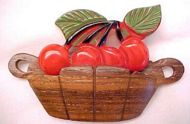 BP265 wood basket/red bakelite cherries pin
